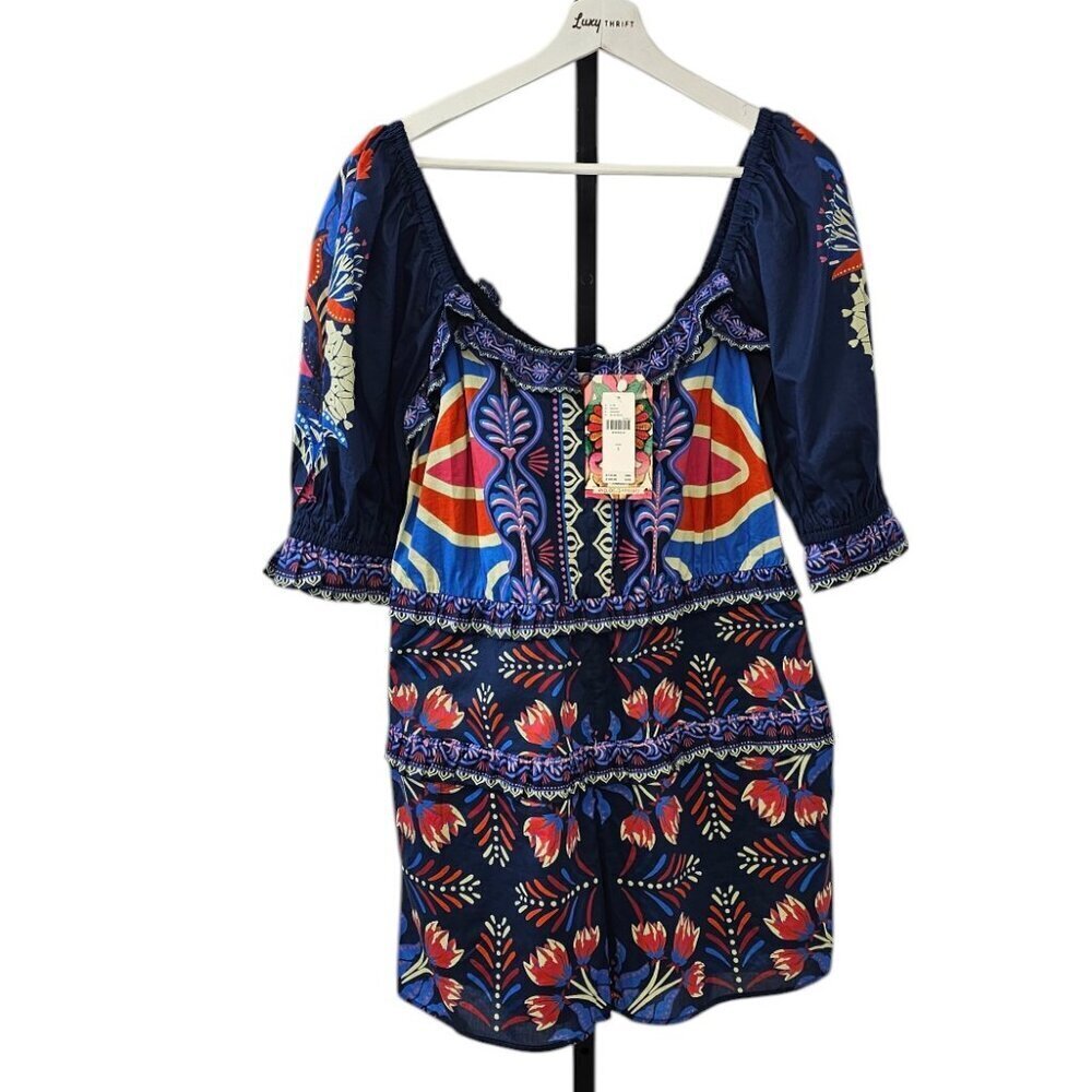 Farm Rio x Anthropologie Puff-Sleeve Ruffled Floral Romper, Cotton, Boho, Small